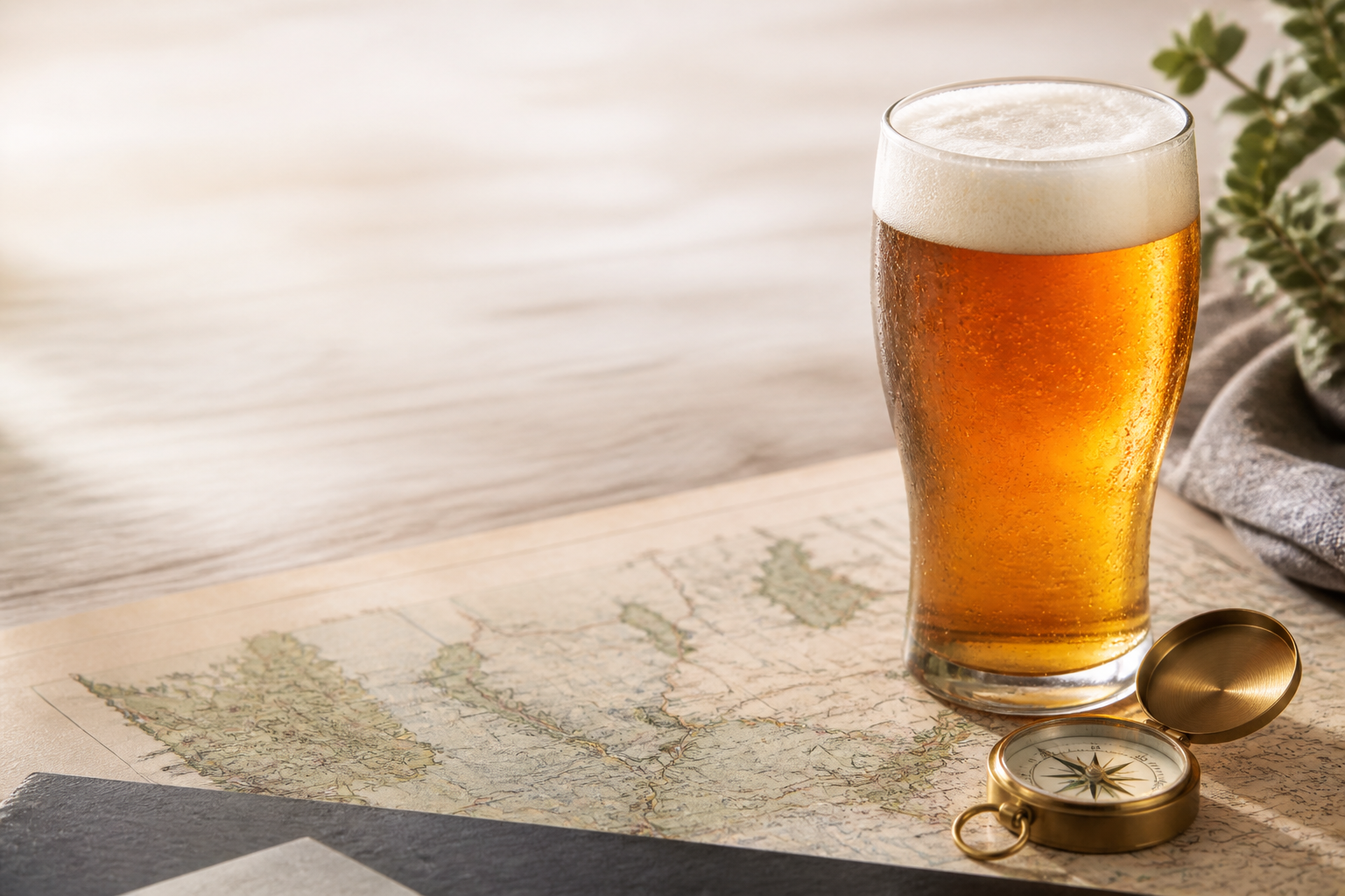 地図とコンパスのそばに置かれたクラフトビール